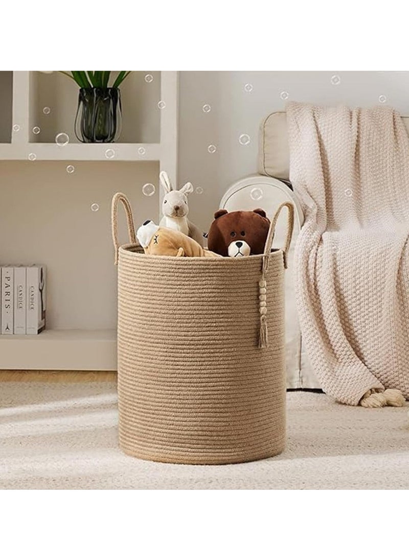 Jorunb - Woven Laundry Basket, 58L Woven Rope Storage Basket with Handles for Clothes Blanket Storage, Large Tall Laundry Hamper for Blankets, Dirty Clothes, Toys and Shoes (Khaki) - Image 1