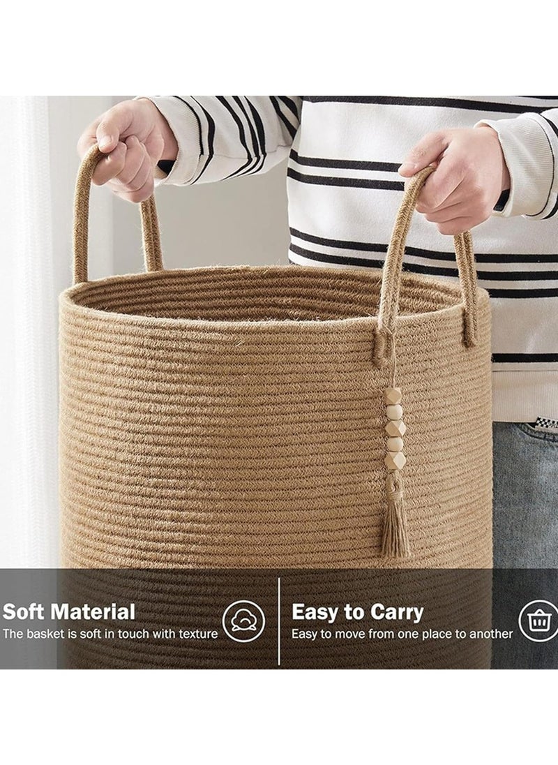 Jorunb - Woven Laundry Basket, 58L Woven Rope Storage Basket with Handles for Clothes Blanket Storage, Large Tall Laundry Hamper for Blankets, Dirty Clothes, Toys and Shoes (Khaki) - Image 1