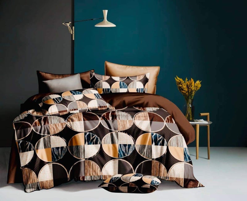 Sky Tex Brown Color 300 TC Glace Cotton Geometric Printed Double Bed Comforter Set with Fitted Bed Sheet (1 Comforter, 1 Fitted Bed Sheet & 2 Pillow Covers)