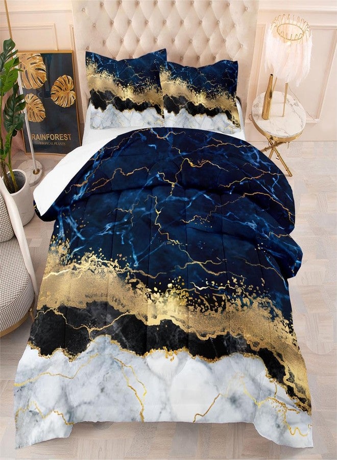 CCoutueChen Navy Blue Gold Marble Comforter Set Queen Size,Metallic Marble Bedding Set for Adult,Abstract Marbling Texture Decor Comforter for Girls,3Pcs Soft Lighweight Comforter,104 * 90 - Image 1