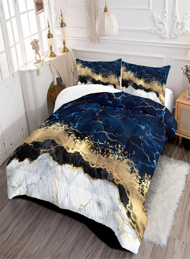 CCoutueChen Navy Blue Gold Marble Comforter Set Queen Size,Metallic Marble Bedding Set for Adult,Abstract Marbling Texture Decor Comforter for Girls,3Pcs Soft Lighweight Comforter,104 * 90 - Image 2