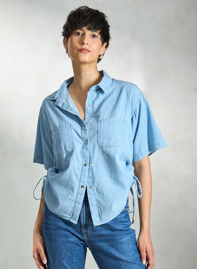 Solid Cotton Denim Drawstring Shirt for Women