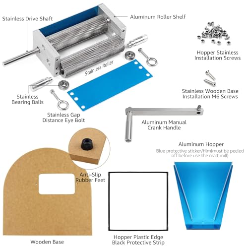 Mrbrew Grain Crusher Homebrew Malt Mill Manual Wooden Base Grain Mill Stainless Steel Grinder Mill with Adjustable 2 Bearing Roller & Crank Handle, Fit Low Speed Electric Drill for Wheat Beer Brewing - Image 2