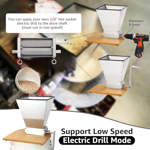 Mrbrew Grain Crusher Homebrew Malt Mill Manual Wooden Base Grain Mill Stainless Steel Grinder Mill with Adjustable 2 Bearing Roller & Crank Handle, Fit Low Speed Electric Drill for Wheat Beer Brewing - Image 5