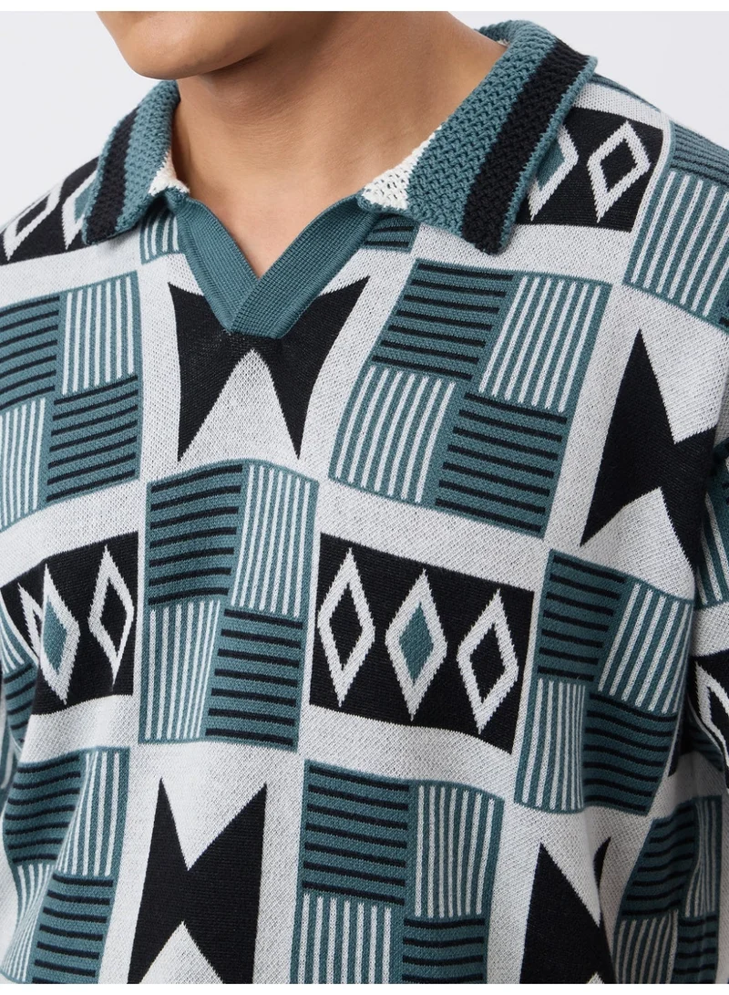 The Souled Store The Souled Store TSS Originals: Indie Men and Boys Half Sleeve Spread Collar Teal Geometric Print Cotton Oversized Fit Breathable Fabric Lightweight Polo Shirts