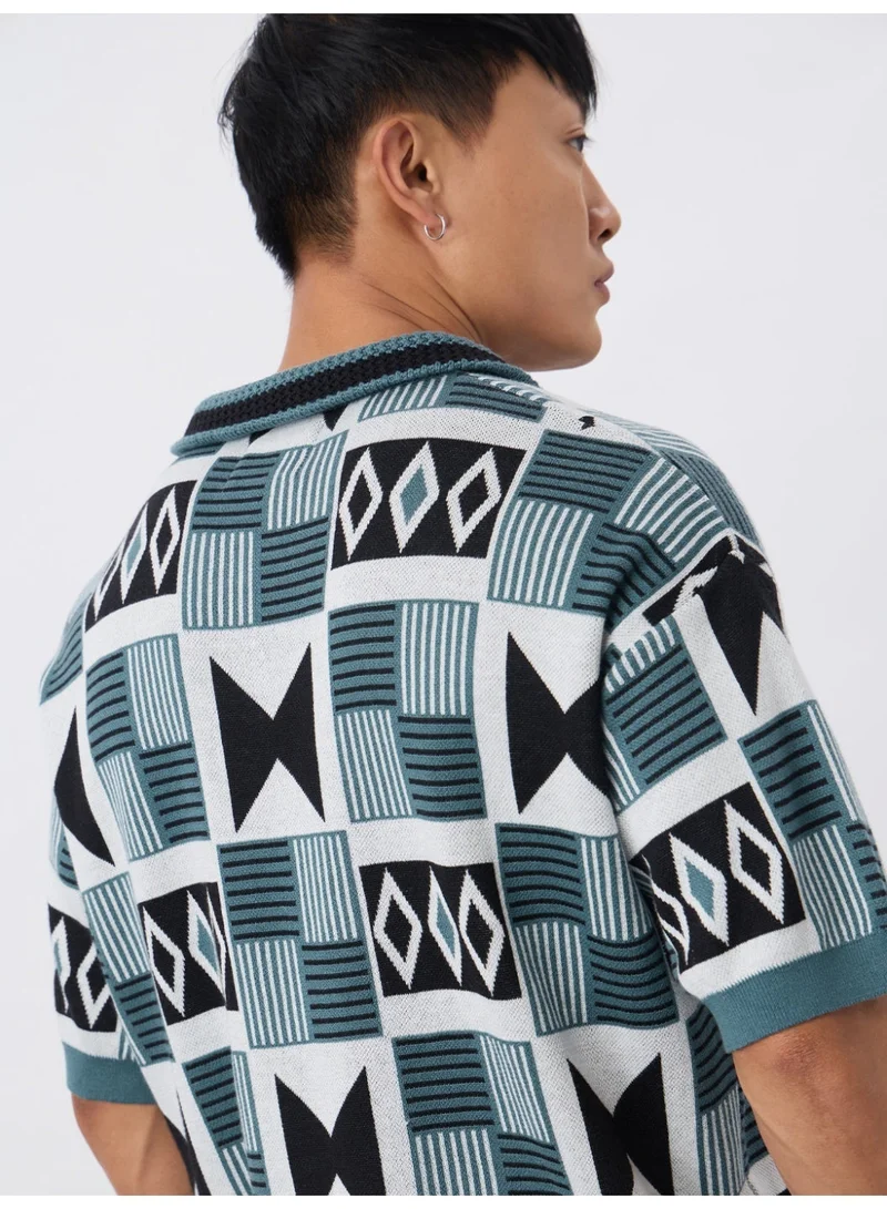 The Souled Store  The Souled Store TSS Originals: Indie Men and Boys Half Sleeve Spread Collar Teal Geometric Print Cotton Oversized Fit Breathable Fabric Lightweight Polo Shirts  | Best Price UAE