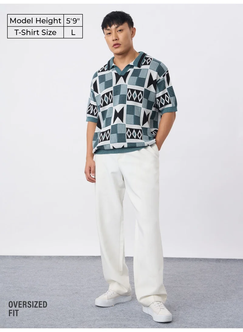 The Souled Store  The Souled Store TSS Originals: Indie Men and Boys Half Sleeve Spread Collar Teal Geometric Print Cotton Oversized Fit Breathable Fabric Lightweight Polo Shirts  | Best Price UAE