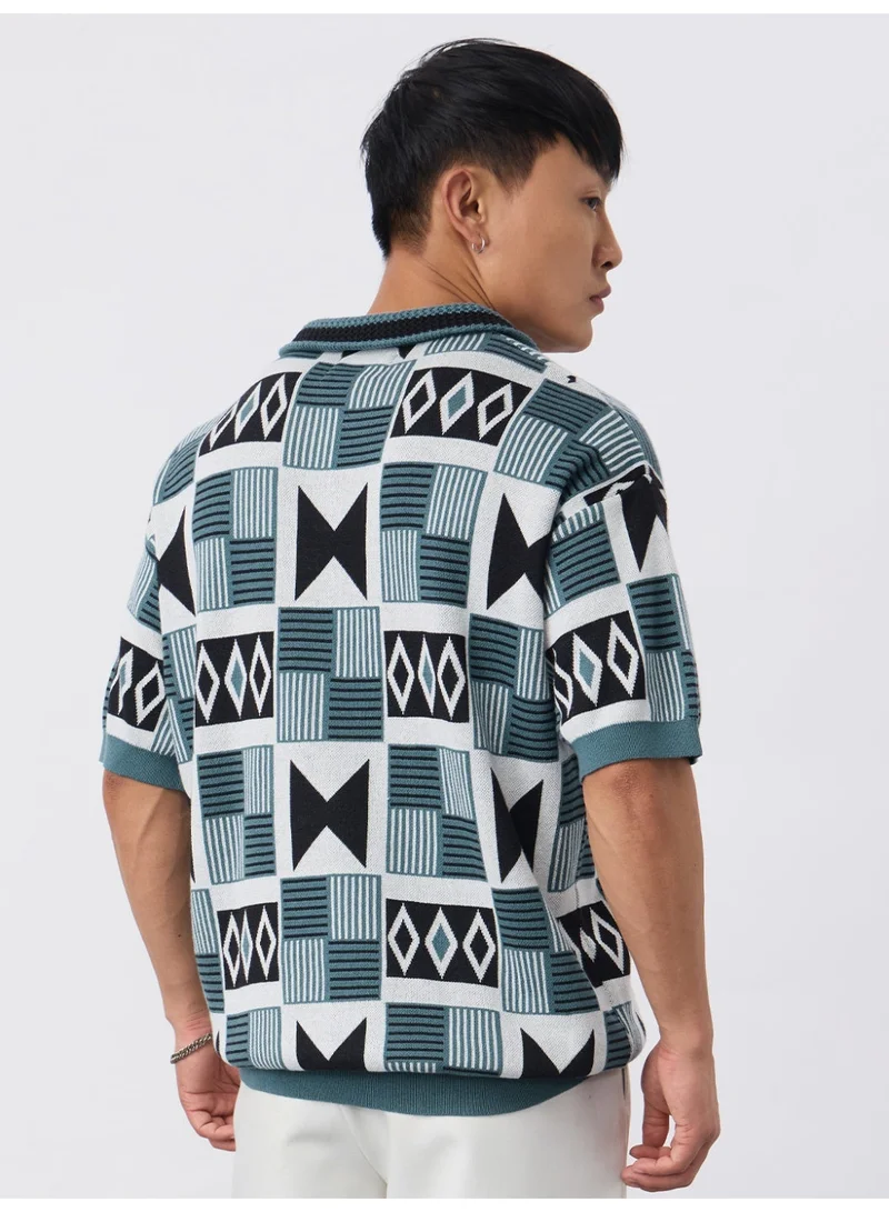 The Souled Store  The Souled Store TSS Originals: Indie Men and Boys Half Sleeve Spread Collar Teal Geometric Print Cotton Oversized Fit Breathable Fabric Lightweight Polo Shirts  | Best Price UAE