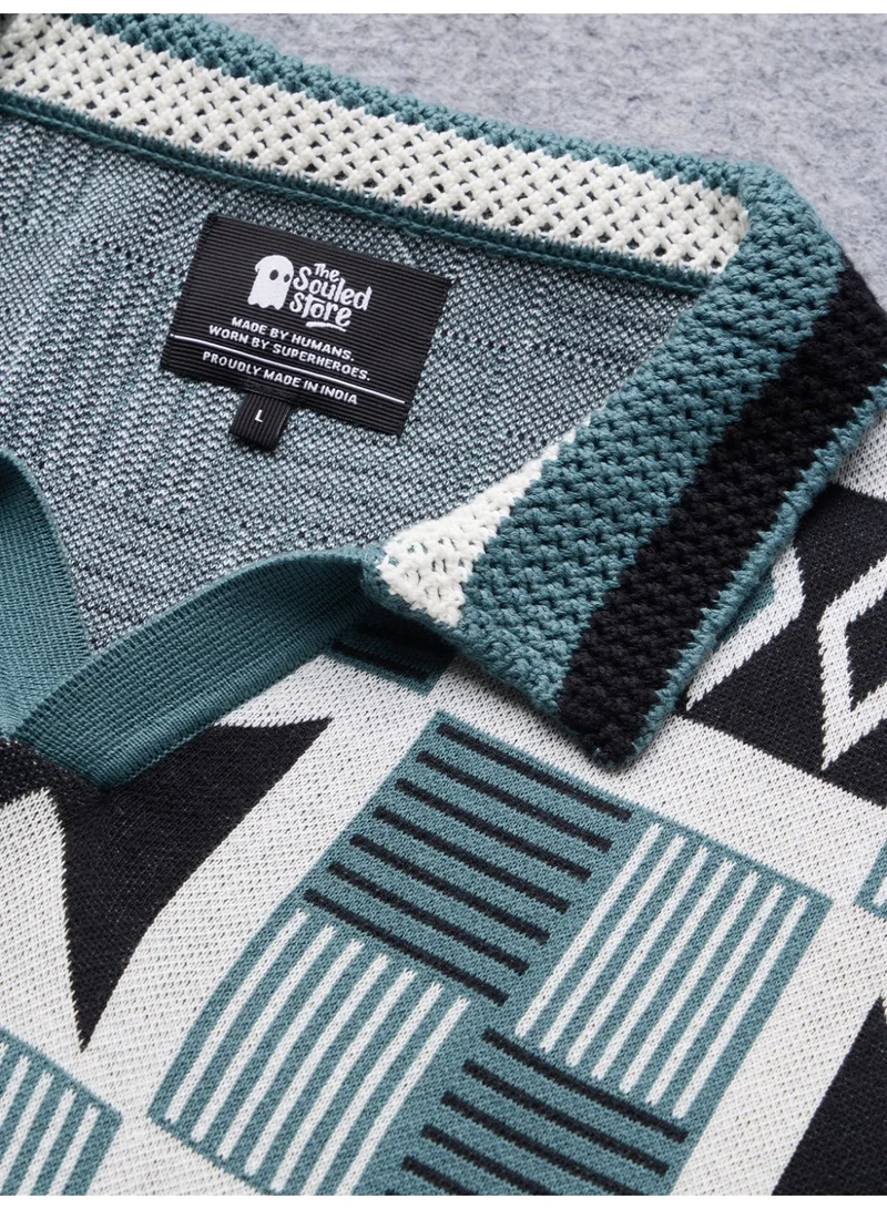 The Souled Store  The Souled Store TSS Originals: Indie Men and Boys Half Sleeve Spread Collar Teal Geometric Print Cotton Oversized Fit Breathable Fabric Lightweight Polo Shirts  | Best Price UAE