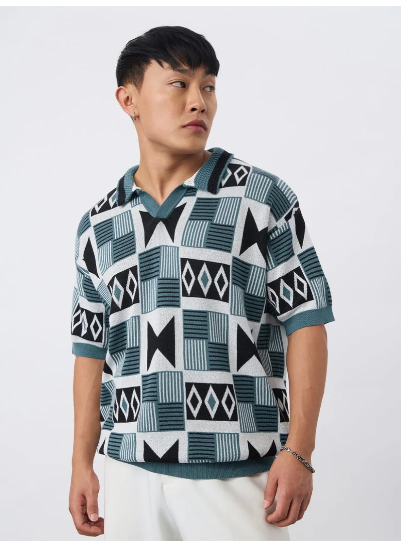 The Souled Store The Souled Store TSS Originals: Indie Men and Boys Half Sleeve Spread Collar Teal Geometric Print Cotton Oversized Fit Breathable Fabric Lightweight Polo Shirts