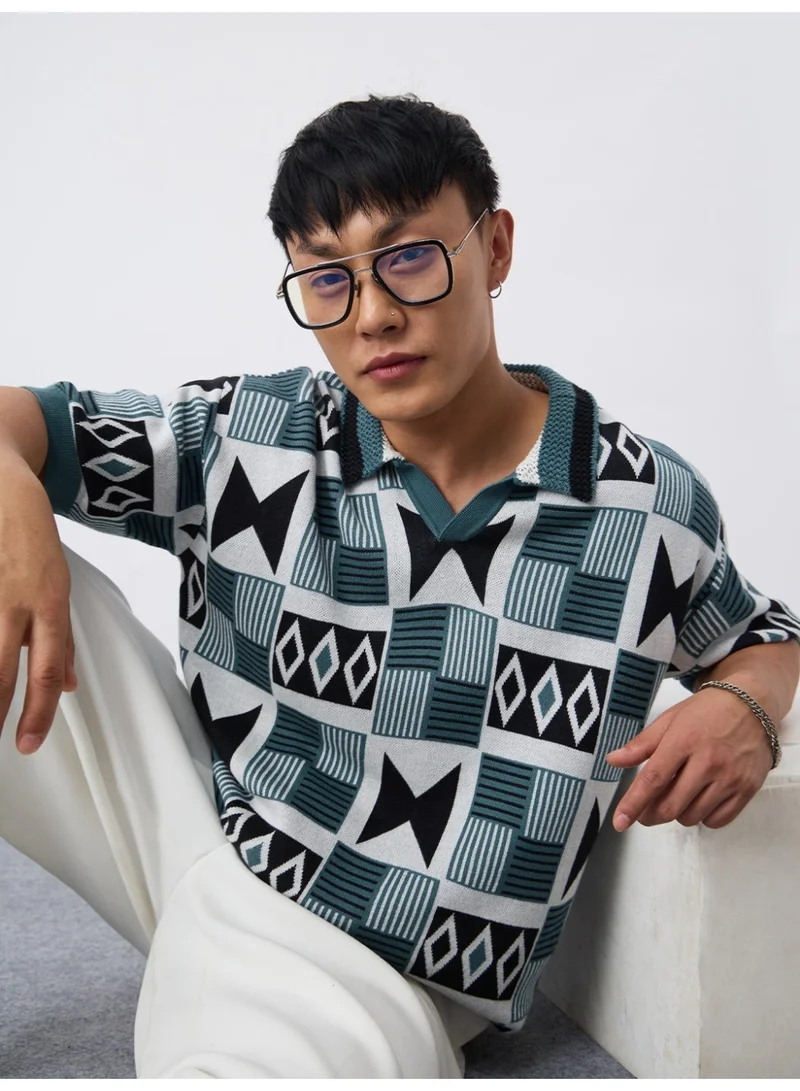 The Souled Store  The Souled Store TSS Originals: Indie Men and Boys Half Sleeve Spread Collar Teal Geometric Print Cotton Oversized Fit Breathable Fabric Lightweight Polo Shirts  | Best Price UAE