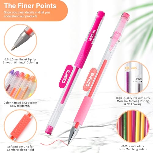 ZSCM QUALITY DECIDES THE FUTURE 120 Pack Glitter Gel Pens Set, ZSCM 60 Colors Pens Include 48 Glitter Pens, 12Classic Pen With 60 Matching Color Refills, Canvas Bag For Adults Coloring Books Drawing Journaling Scrapbook - Image 2