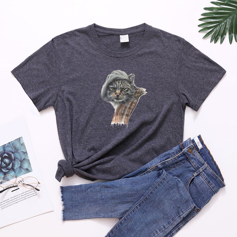 temu new forces supply spot cat head retro round neck T-shirt - Image 1