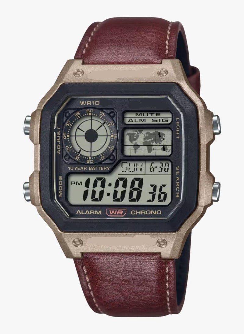 Digital Watch with maroon leather strap Leather Strap, silver/steel colored Bezel, 10-Year Battery, Illuminator, WR10 - Men’s Stylish Casual Wristwatch