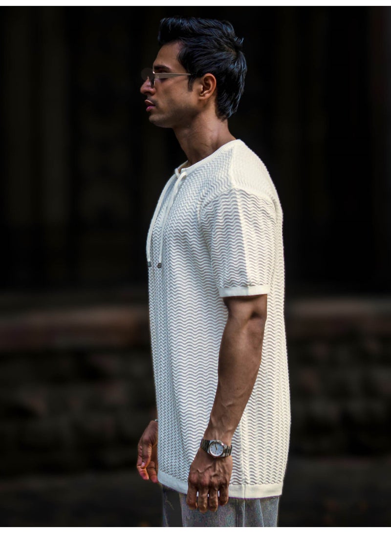 مانياك تيشيرت رجالي مانياك نصف أبيض بقصة ضيقة وياقة هنلي وأكمام نصفية بنقوش - Image 5