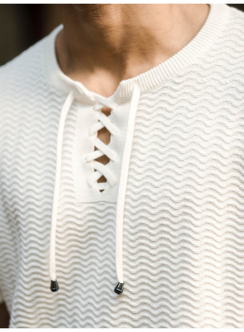 مانياك تيشيرت رجالي مانياك نصف أبيض بقصة ضيقة وياقة هنلي وأكمام نصفية بنقوش - Image 3