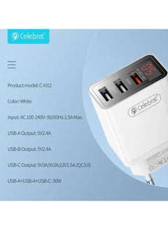 Celebrat C-H12-EU Triple USB Ports Fast Travel Charger With Led Digital Display Screen And High Temperature Protection Fits Various Smart Devices 30W - White - pzsku/Z9A0E8DD31E3851CACF78Z/45/_/1731411210/02d497cd-86f6-4326-848a-83d912b4f532