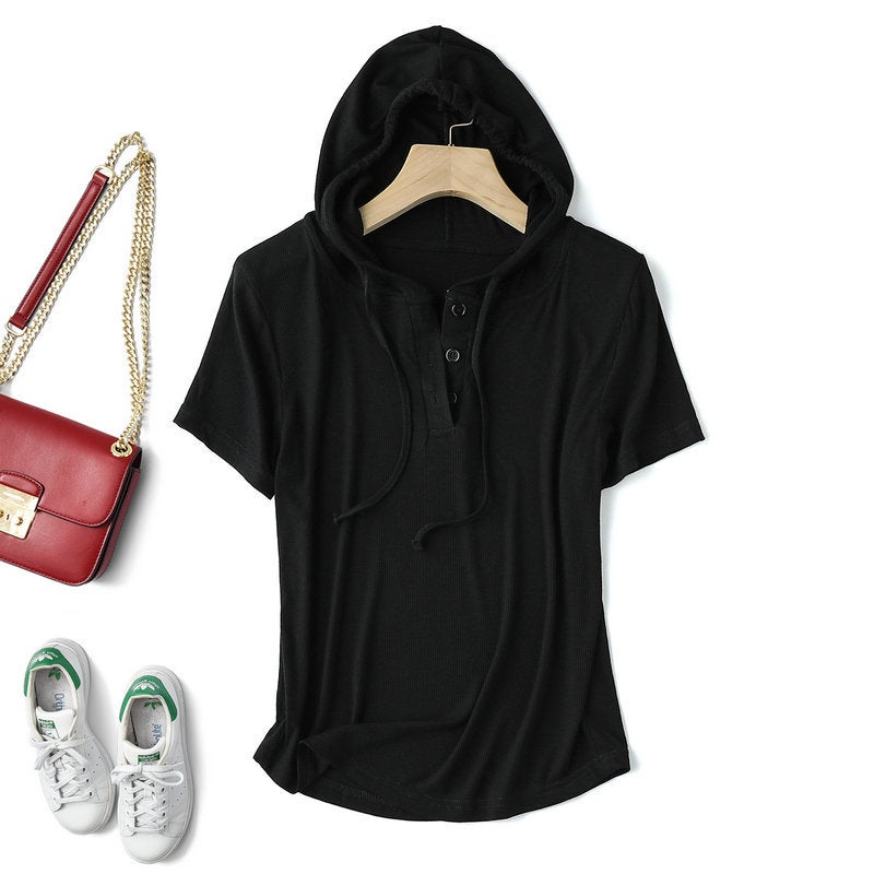 Modal thread short-sleeved hoodie T-shirt womens spring/summer plus size loose bottoming shirt slimming sun protection thin top Black - Image 1