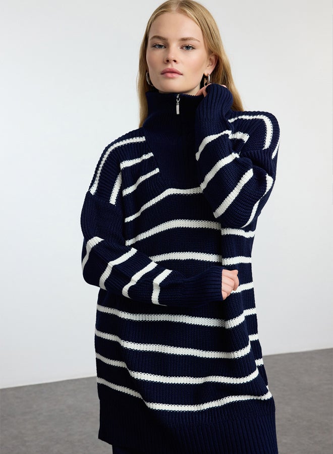trendyol Navy Blue Zipper Detailed Selanik Striped Knitwear Top-Bottom Set TCTAW24US00058 - Image 2