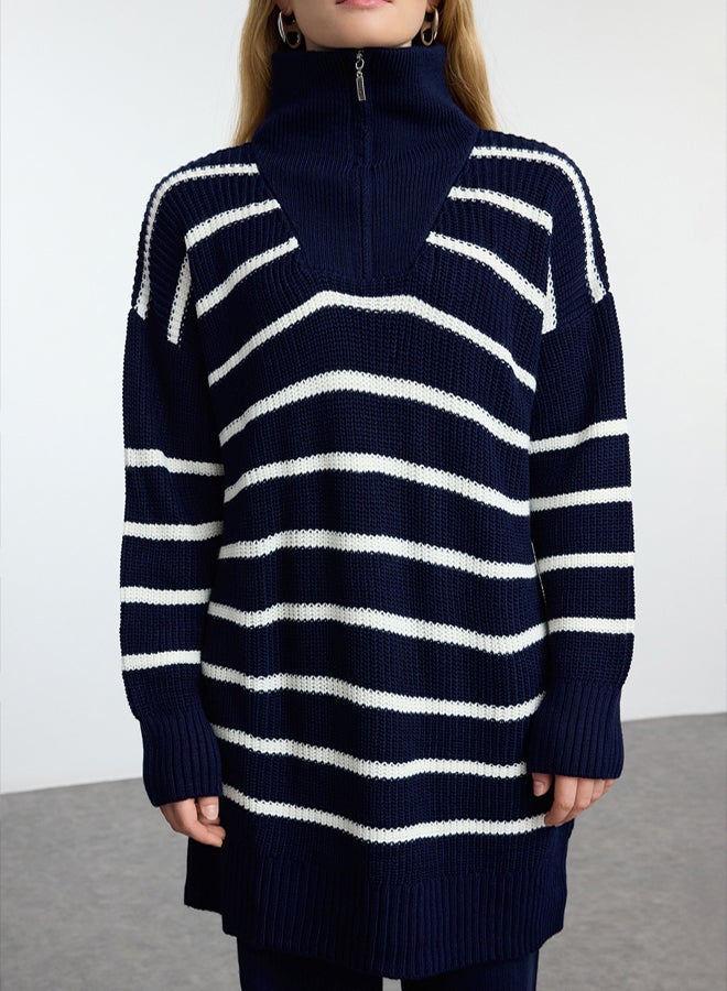 trendyol Navy Blue Zipper Detailed Selanik Striped Knitwear Top-Bottom Set TCTAW24US00058 - Image 3