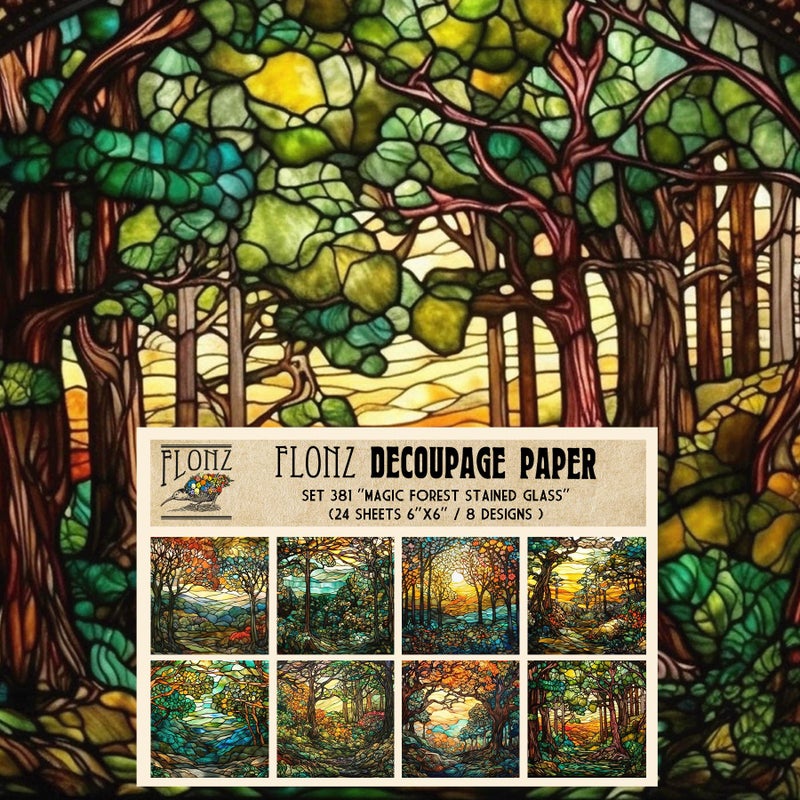 Decoupage Paper Pack (24 Sheets 6"x6") Magic Forest Stained Glass # Vintage Styled Pattern Paper for Decoupage, Craft and Scrapbooking