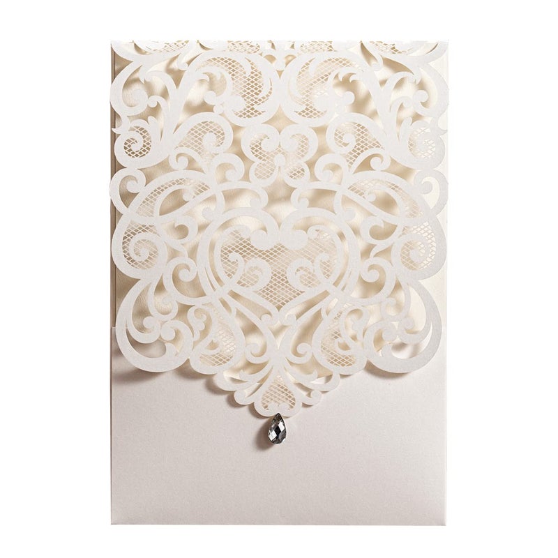 Hosmsua 50PCS White Wedding Invitations Kit 5 x 73 Inch Laser Cut Hollow Rose Rhinestone Pocket with Envelope for Quinceanera Bridal Shower Invite White Ivory