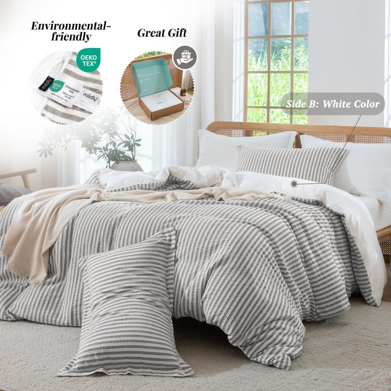 MILDLY Jacquard Stripe Duvet Cover - 100% Washed Cotton Boho Textured Comforter Cover 3pcs with Zipper Closure 90"x90" - Image 3