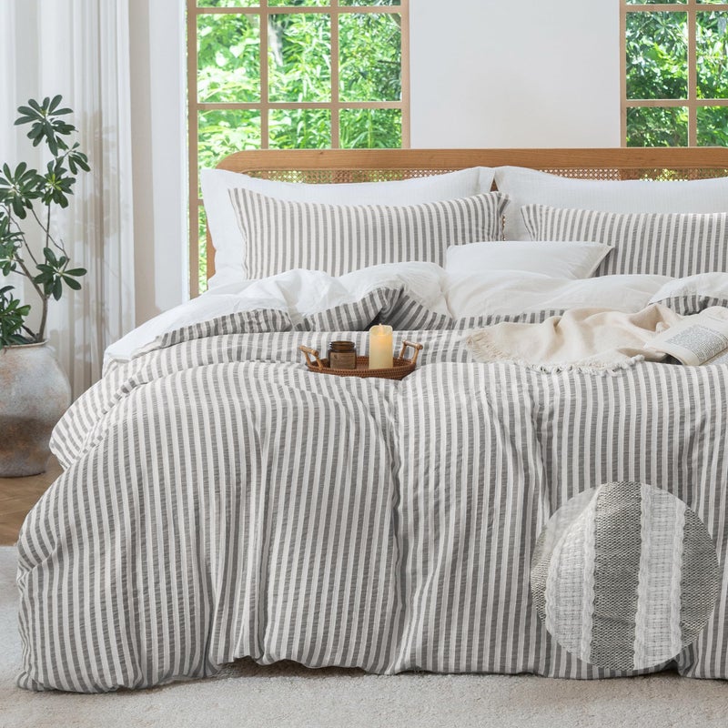 MILDLY Jacquard Stripe Duvet Cover - 100% Washed Cotton Boho Textured Comforter Cover 3pcs with Zipper Closure 90"x90" - Image 1