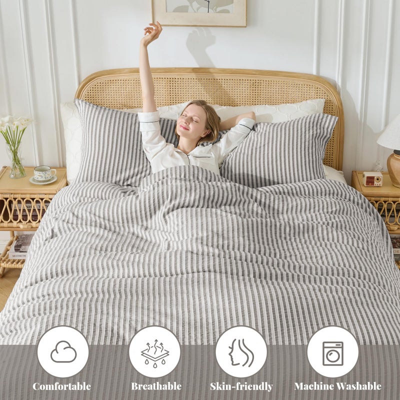 MILDLY Jacquard Stripe Duvet Cover - 100% Washed Cotton Boho Textured Comforter Cover 3pcs with Zipper Closure 90"x90" - Image 2