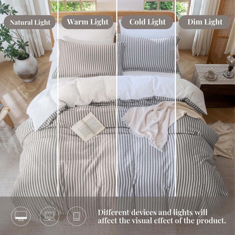 MILDLY Jacquard Stripe Duvet Cover - 100% Washed Cotton Boho Textured Comforter Cover 3pcs with Zipper Closure 90"x90" - Image 4