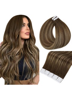 Full Shine Tape In Hair Extensions Human Hair 12Inch Invisible Hair Extensions 30 Gram Tape In Remy Hair 4 Medium Brown Fading To 24 Blonde Highlight 4 Double Sided Tape Hair  - Image 1
