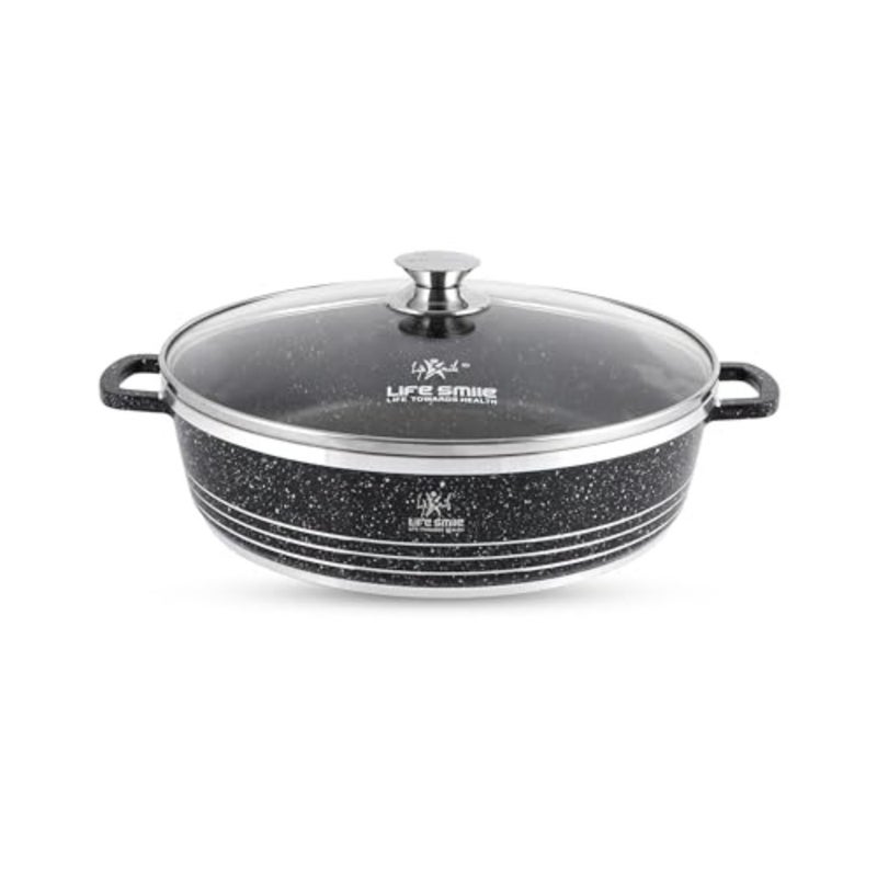 Shallow Pot with Lid Non Stick Granite Coating Frying Pan Oven Safe 100% PFOA FREE Double Handle 36 CM (7.8 Liters,Black) - Image 1