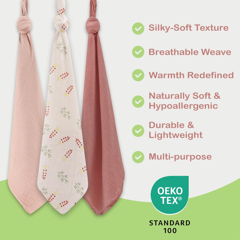 infancie 100% Organic Cotton Muslin Baby Blanket 3 Pack - Breathable Swaddle, Hypoallergenic Double-Layer, Versatile Use (Pink, Floral, Rust, 38x40 Inch) - Image 2