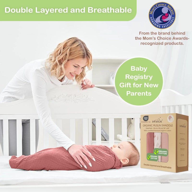infancie 100% Organic Cotton Muslin Baby Blanket 3 Pack - Breathable Swaddle, Hypoallergenic Double-Layer, Versatile Use (Pink, Floral, Rust, 38x40 Inch) - Image 5