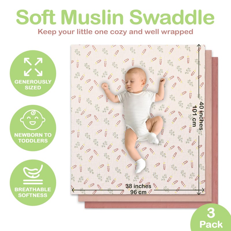 infancie 100% Organic Cotton Muslin Baby Blanket 3 Pack - Breathable Swaddle, Hypoallergenic Double-Layer, Versatile Use (Pink, Floral, Rust, 38x40 Inch) - Image 4