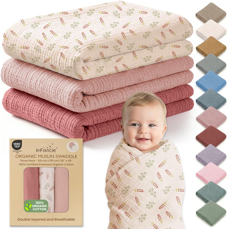 infancie 100% Organic Cotton Muslin Baby Blanket 3 Pack - Breathable Swaddle, Hypoallergenic Double-Layer, Versatile Use (Pink, Floral, Rust, 38x40 Inch) - Image 1