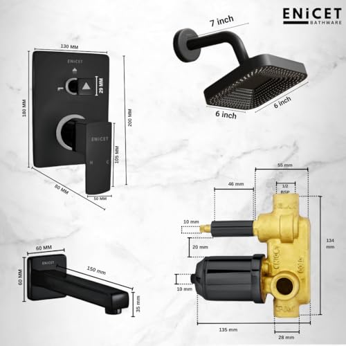 ENICET Brass High Flow Diverter Set With Spout and Overhead Shower, Matte Black, Single Lever Diverter Set For Bathroom, Shower Set, Shower System (TE134SP6BLACK) - Image 5
