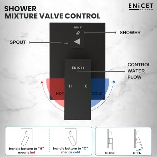 ENICET Brass High Flow Diverter Set With Spout and Overhead Shower, Matte Black, Single Lever Diverter Set For Bathroom, Shower Set, Shower System (TE134SP6BLACK) - Image 3
