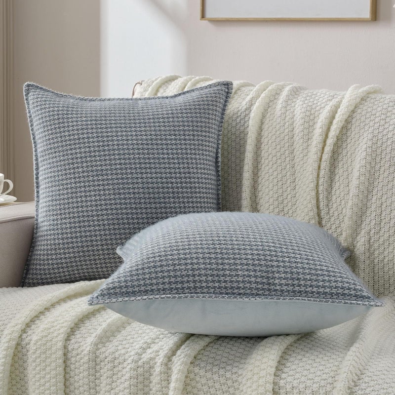 FUTEI Dusty Blue Decorative Throw Pillow Covers 18x18 Inch Set of 2,Soft Houndstooth Gingham Textured Cushion Case,Modern Home Decor for Couch Bed Living Room - Image 5