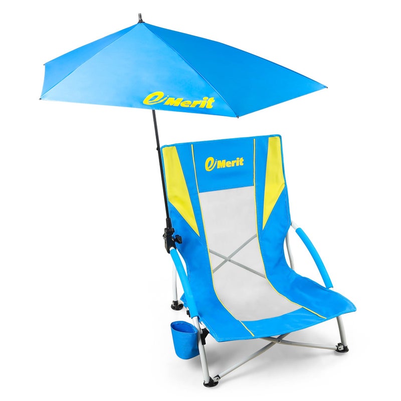 EMERIT Low Beach Chairs for Adults Sling Beach Chair with Umberalla Folding Backpack Camping Chair with Cup Holder