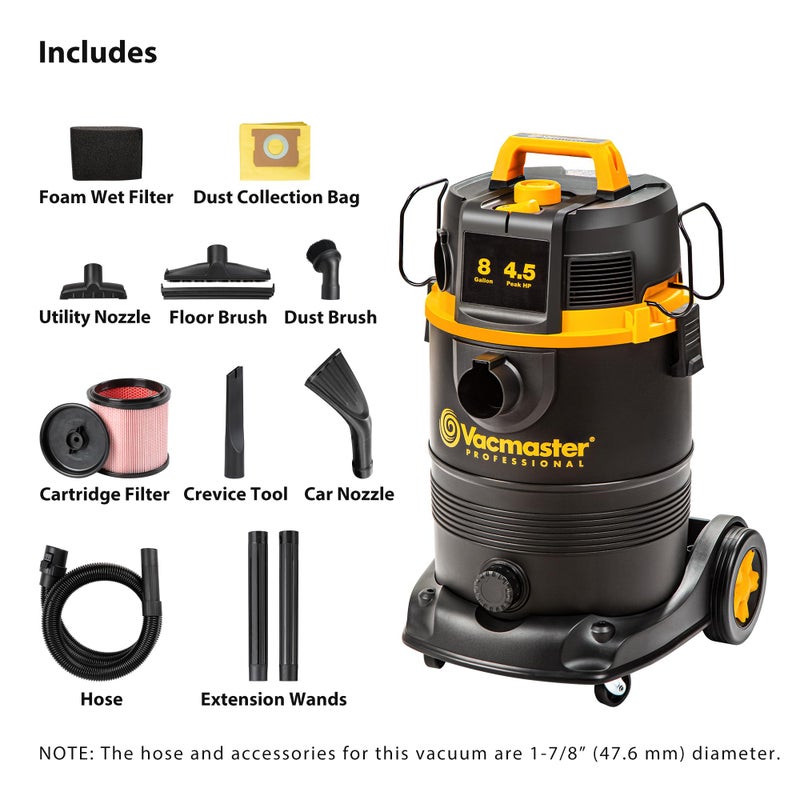 Vacmaster Professional VDK811PW 0201 8 Gallon 4.5 Peak HP Wet/Dry Vac with Self-Cleaning Filter System, 8 Gal, Black - Image 2