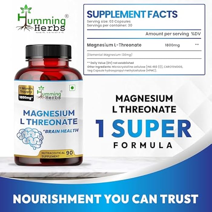 Humming Herbs Magnesium L-Threonate — 1,800 mg per Serving (Elemental Magnesium 183 mg) — 90 Vegetarian Capsules (30 Servings) — Brain & Nervous System Support - Image 2