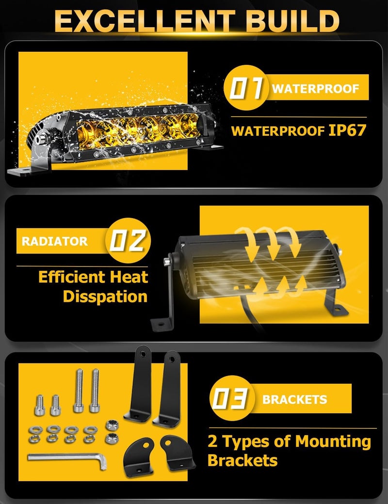 Chelhead Slim Led Light bar, 7 Inch Light Bar Flood Beam Yellow Fog Light Single Row 30W 3600lm led headlight bar for Motorcycle ATV Offroad Trucks Boat - Image 3