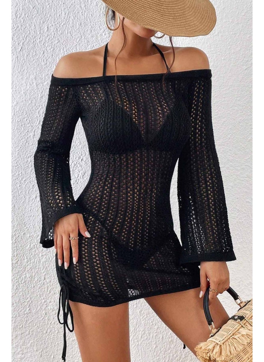 Angelsin Knitted Side Gathered Long Sleeve Beach Dress Pareo  - Image 4