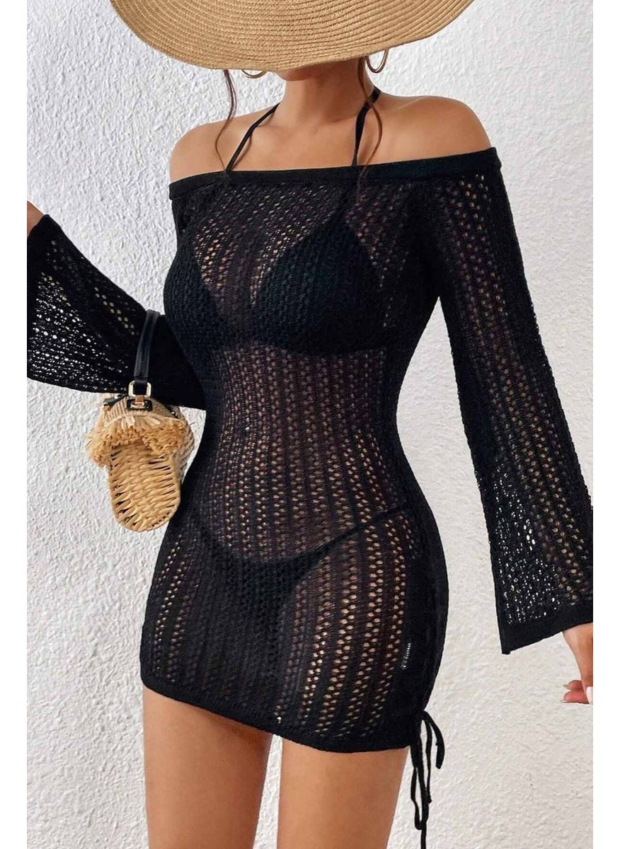 Angelsin Knitted Side Gathered Long Sleeve Beach Dress Pareo  - Image 1