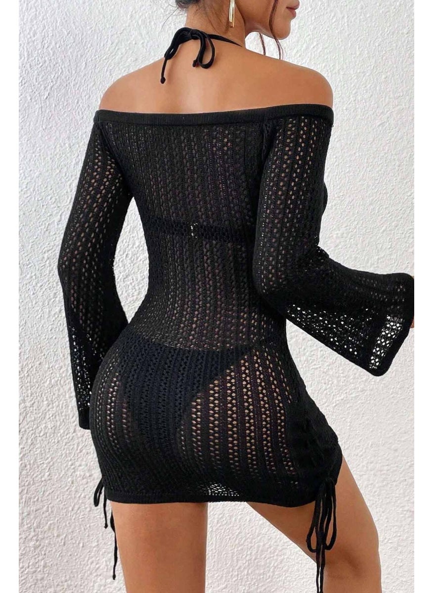 Angelsin Knitted Side Gathered Long Sleeve Beach Dress Pareo  - Image 2