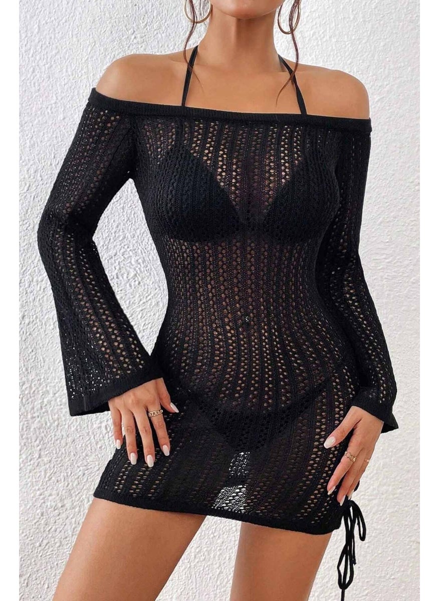 Angelsin Knitted Side Gathered Long Sleeve Beach Dress Pareo  - Image 5