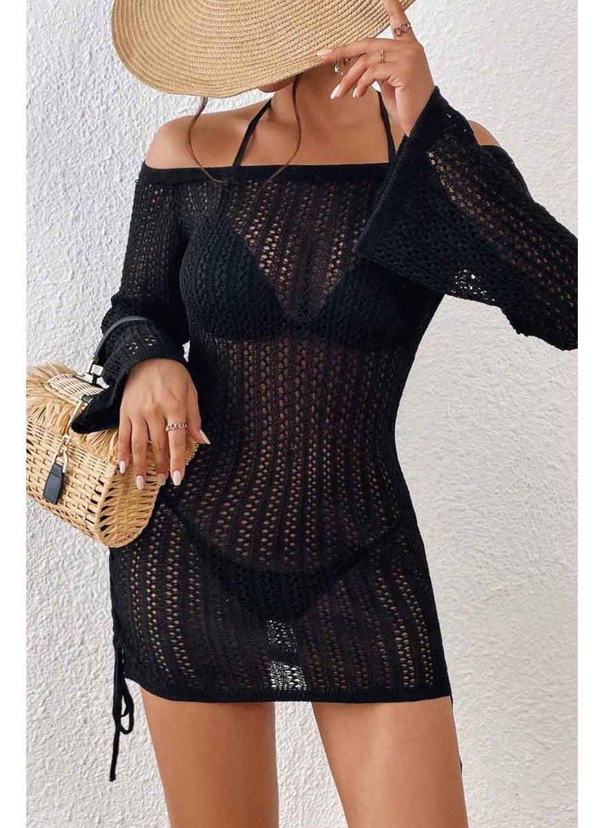 Angelsin Knitted Side Gathered Long Sleeve Beach Dress Pareo  - Image 3