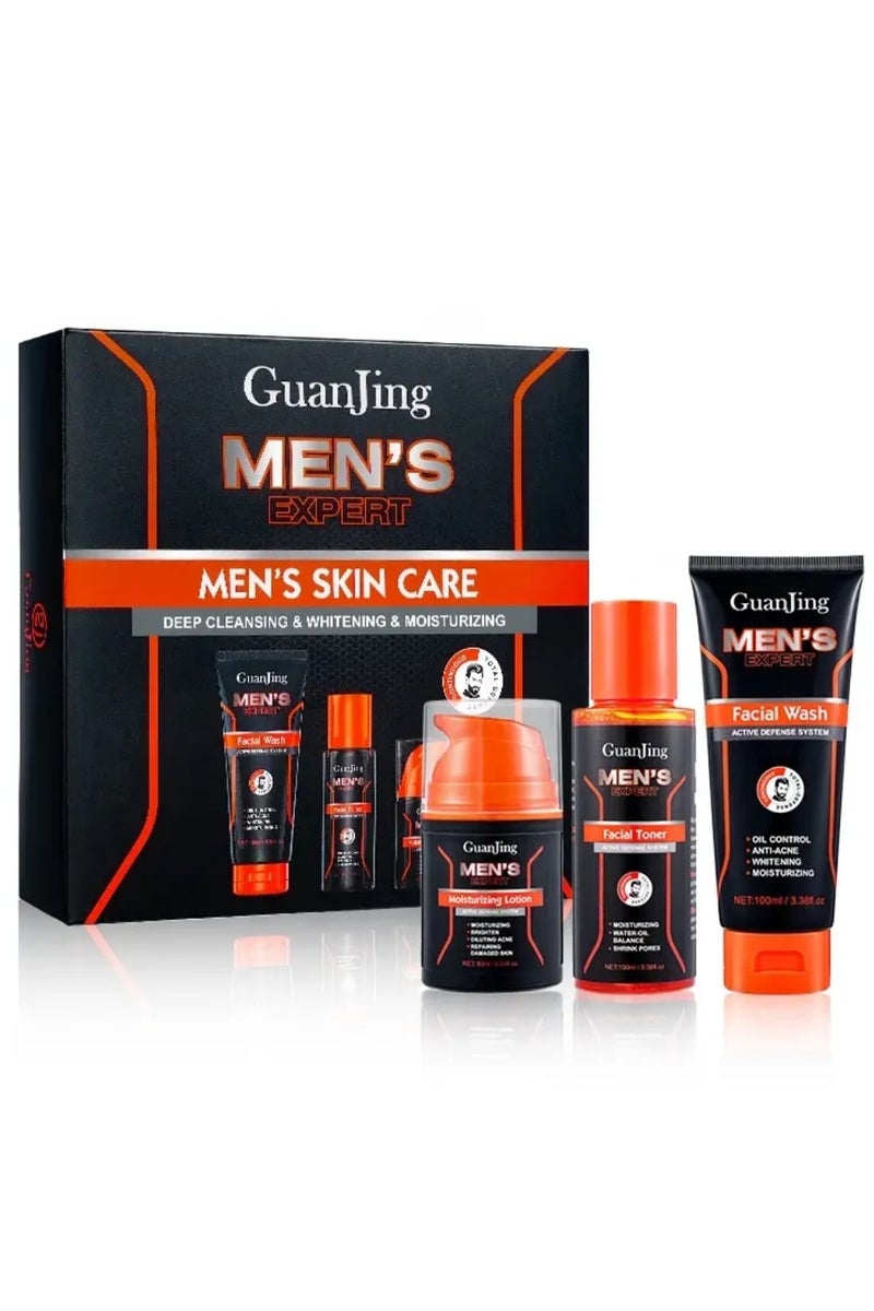 GUANJING مجموعة العناية بالبشرة للرجال - مجموعة هدايا لتنظيف البشرة والعناية بها - مجموعة العناية اليومية بالبشرة للرجال لتقليل التجاعيد الدقيقة - تشمل تونر للتحكم في الزيوت، منظف، ومرطب - مجموعة مكونة من 3 قطع - Image 1