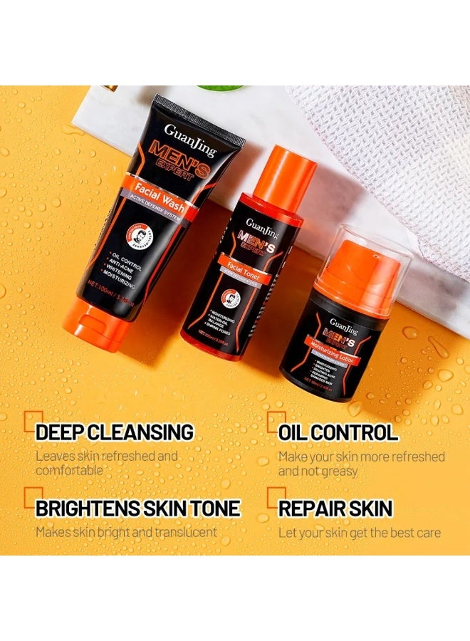 GUANJING مجموعة العناية بالبشرة للرجال - مجموعة هدايا لتنظيف البشرة والعناية بها - مجموعة العناية اليومية بالبشرة للرجال لتقليل التجاعيد الدقيقة - تشمل تونر للتحكم في الزيوت، منظف، ومرطب - مجموعة مكونة من 3 قطع - Image 3